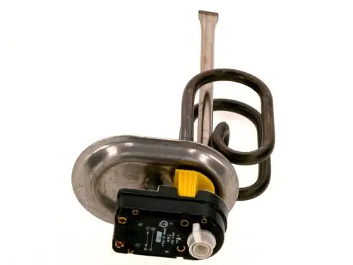 Heizeinsatz von Bosch mit metallischem Gehäuse und einer elektrischen Steuerung. Sichtbare Heizspirale und Anschluss für Wasserleitungen.